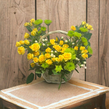Sunny Basket, Classic Basket Arrangement, Yellow Roses, Green Chrysanthemums, Hypericum